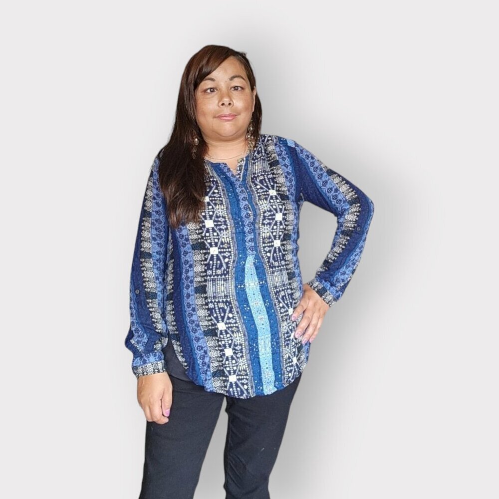 NINE WEST JEANS WOMENS MEDIUM BLUE PATTERN BLOUSE